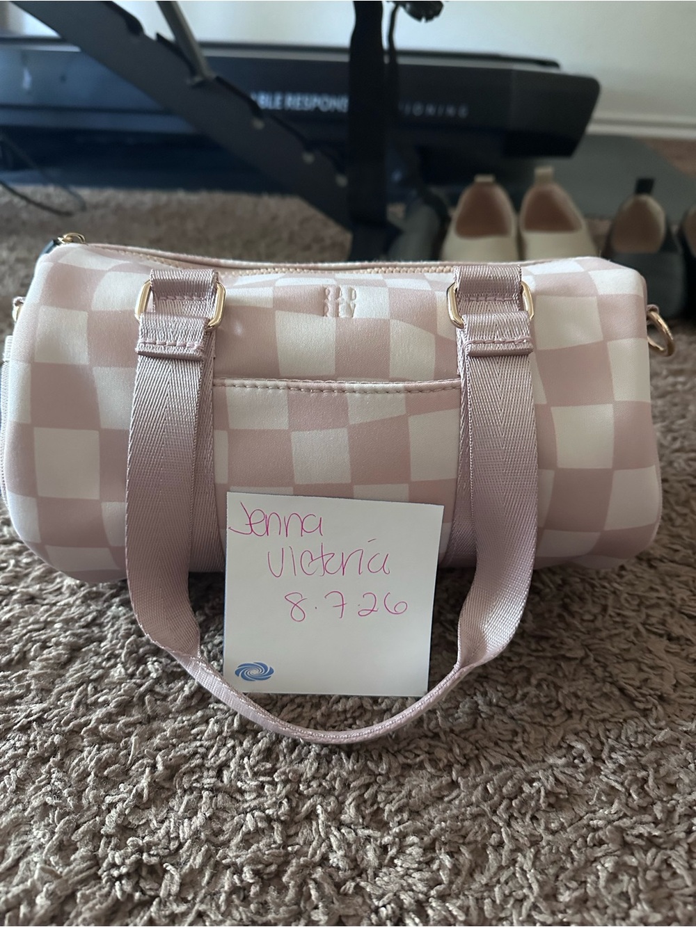 Pink Checkered Mini Barrel Bag with Dual Straps